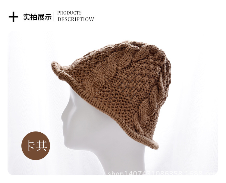 简约麻花毛线渔夫帽子女秋冬可折叠休闲复古铁丝荷叶边针织盆帽