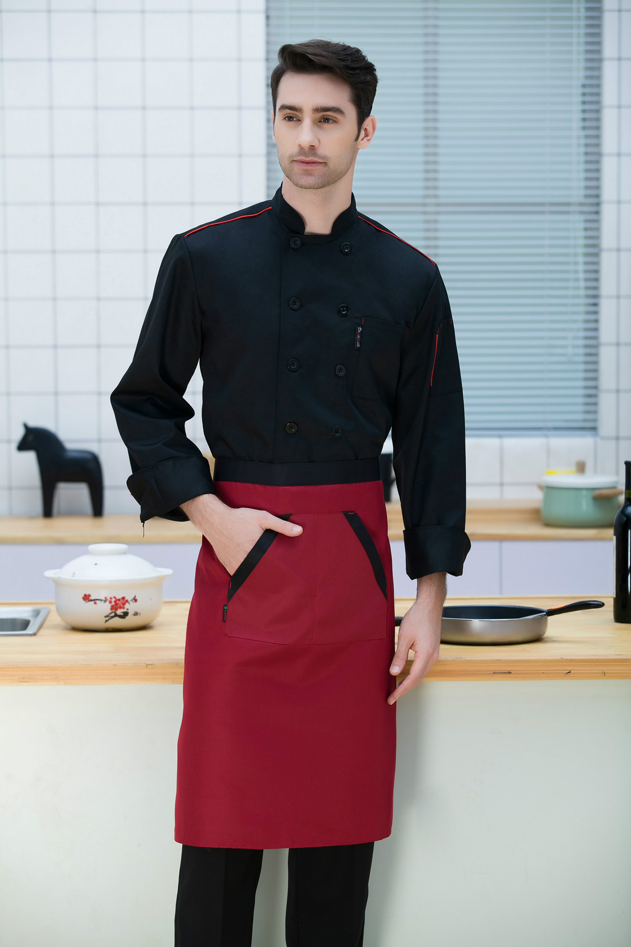秋装新款餐饮男女同款厨师服 厨师围裙长袖厨房工作服套装