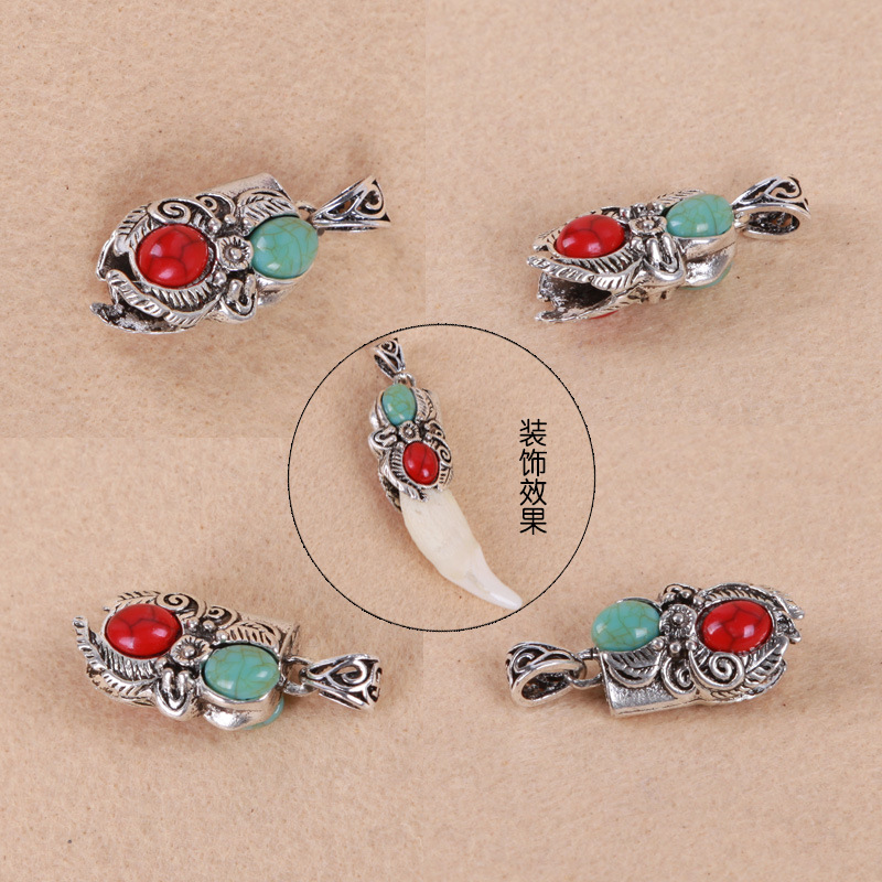 藏银合金配件 狗牙齿熊牙套项链挂件配饰 新款镶嵌绿松石牙尖套