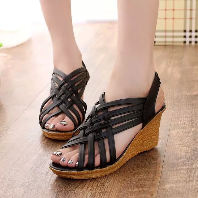 Wholesale 2021 Spring and Summer European and American New Wedge Sandals Women's Sexy Peep-Toe Hollow High Heels plus Size Foreign Trade Wholesale