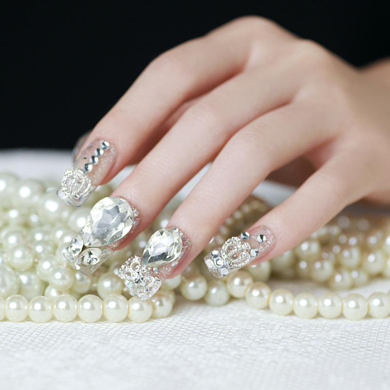 新品手工手指甲 假指甲 成品水钻美甲 闪亮大钻奢华奥钻新娘甲