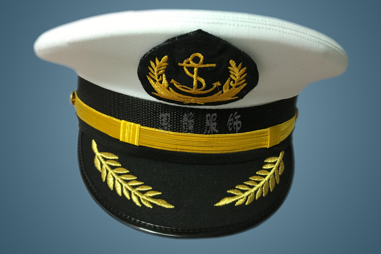 白色海员大盖帽工作服船员舞台船运演出帽子绣花锚微章海运船长帽