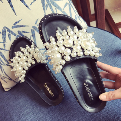 珍珠串珠一字拖鞋女厚底拖鞋平跟拖鞋露趾沙滩拖鞋2017夏季新品