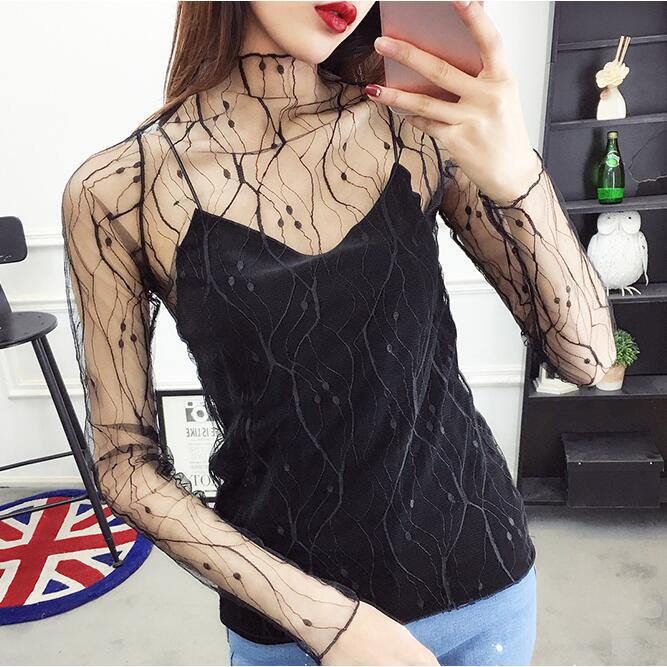 星星网纱衣打底衫女长袖2019夏渔网新款蕾丝内搭网状性感上衣