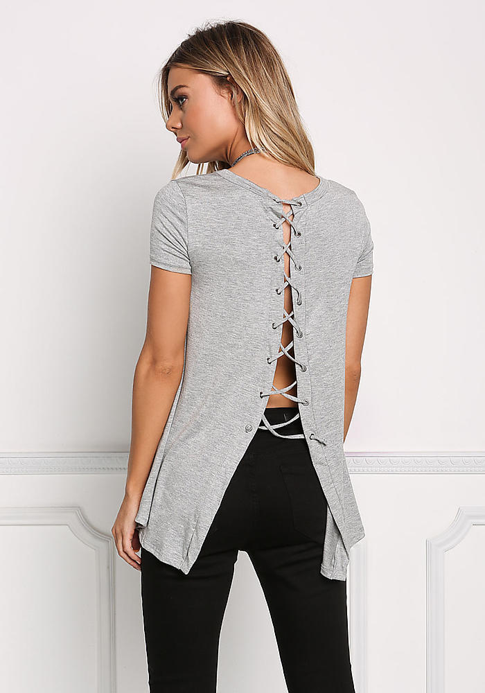 亚马逊女装新款上衣 外贸速卖通热卖t恤女 圆领短袖后背绑带女t恤