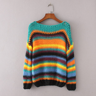 2017秋季新款女装欧美风时尚圆领彩虹条粗针针织套头毛衣 女式