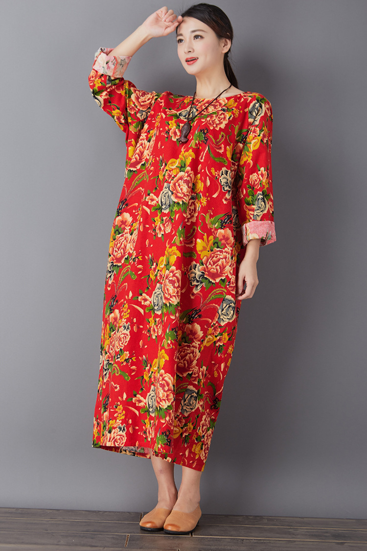 01635前山原创秋冬 长袖款复古东北大花布棉麻女装文艺袍子连衣