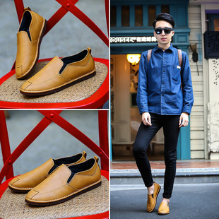 秋冬款男士英伦小皮鞋免系带易穿套脚懒人鞋韩版青年百搭豆豆鞋潮