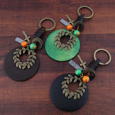 复古青铜橄榄叶挂件编织牛皮钥匙扣克创意钥匙扣男女小礼品批发