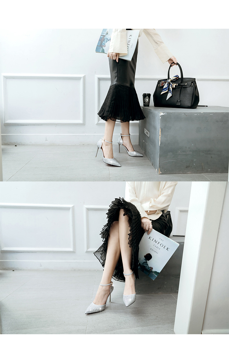 2017新款新娘婚纱伴娘礼服水晶鞋水钻细跟高跟单鞋一字扣带凉鞋女