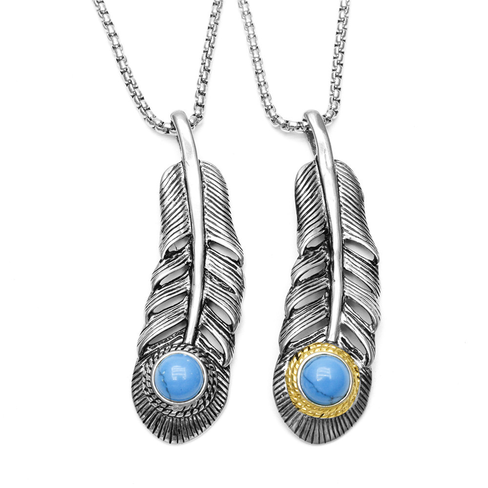 新款现货高桥复古羽毛钛钢吊坠潮男个性霸气项链小饰品叶子毛衣链