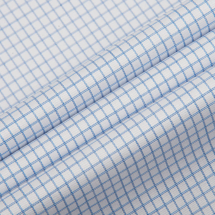 现货全棉色织蓝格子成衣免烫衬衫面料 商务男士职业衬衣布料批发