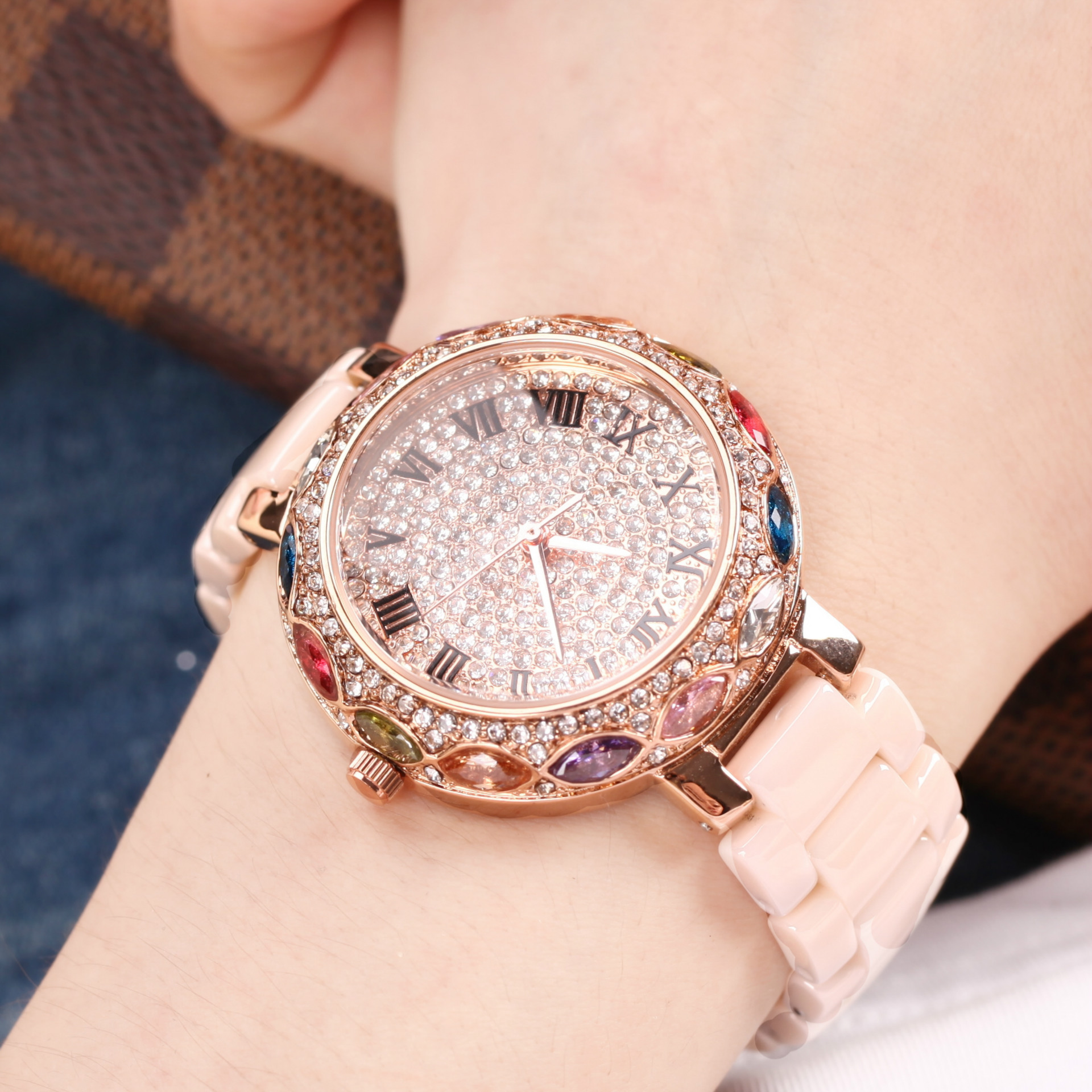 玛莎莉时尚水晶陶瓷大表盘玫瑰金钢带女表防水时装表石英手表批发