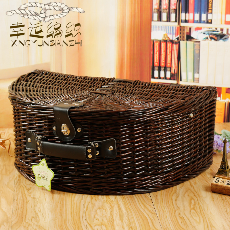 New Outdoor Picnic Basket with Tableware for 4 People Picnic Basket Set Wicker Woven Semicircle Picnic Basket