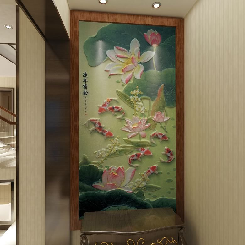 含笑迎风皮饰浮雕玄关背景墙厂家 高档超纤皮 酒店客厅装饰背景