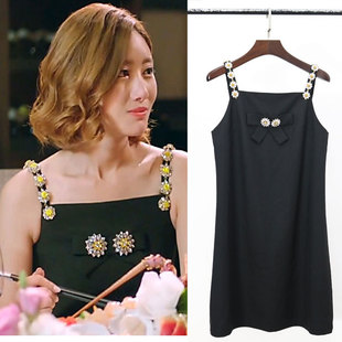 因为遇见你吴优张雨欣孙怡明星同款dg菊花钻黑色吊带修身连衣裙