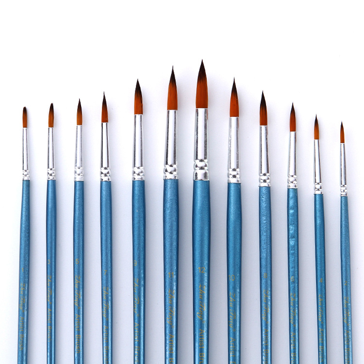 12支珠光蓝 双色尼龙毛尖头毛笔 水彩画笔数字油画专用勾线笔