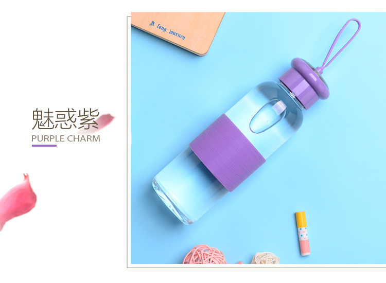 便宜的玻璃杯单层420ml硅胶套挂绳水杯定制