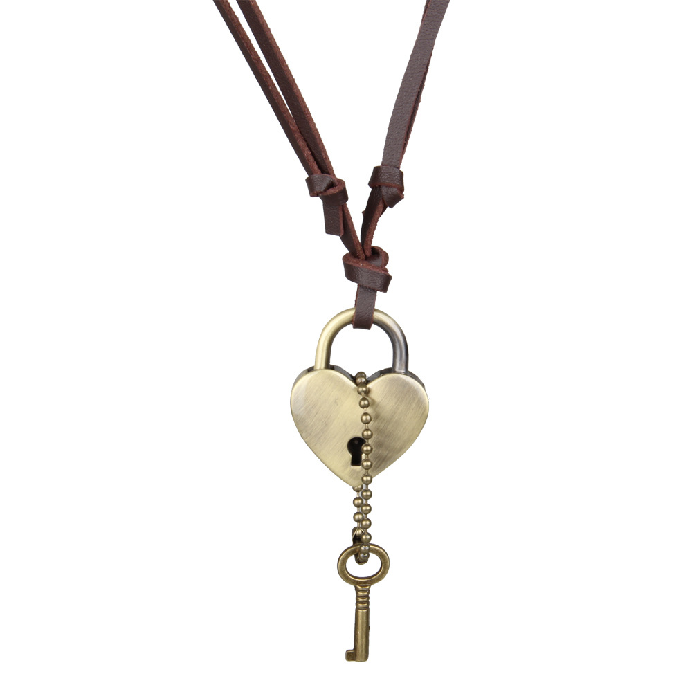 欧美复古铜色心形锁皮绳项链新款创意开心锁情侣款长款项链