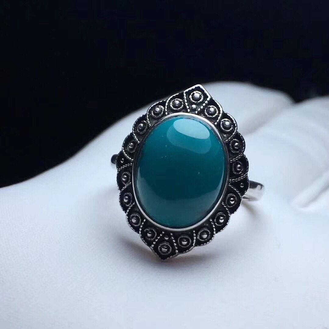 天然玉化绿松石女戒指复古款 湖北原矿精品戒面 如心珠宝欧美款