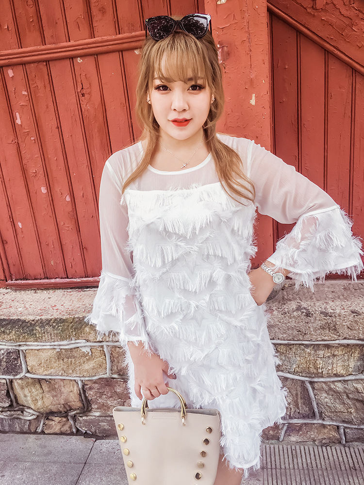 2017秋季新款韩版胖人服饰大码女装五星流苏连衣裙加大加肥2302