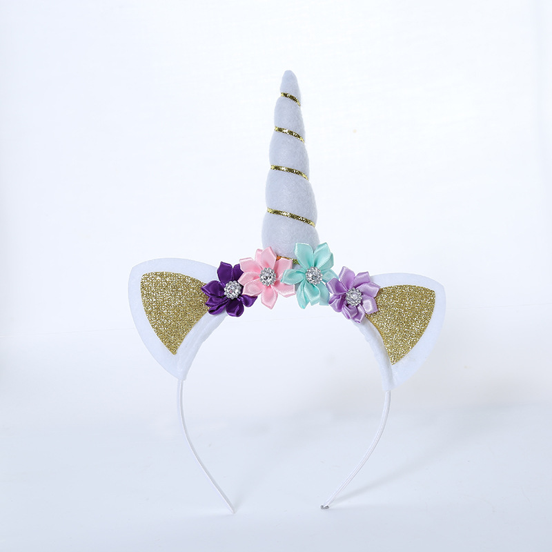 European and American Unicorn Party Hot-Selling Headband Gold and Silver Ears Animal Headband Headwear Children's Flower Voile Headband