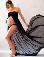 Ebay孕妇拍照抹胸雪纺连衣裙 孕妇拍摄写真前开叉拖地长裙