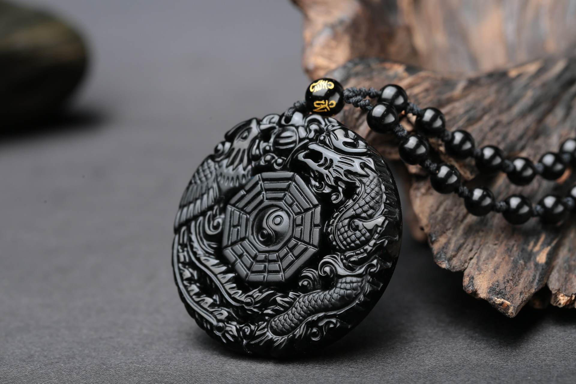 龙马珠宝天然黑曜石龙凤八卦吊坠男士项链女款项坠