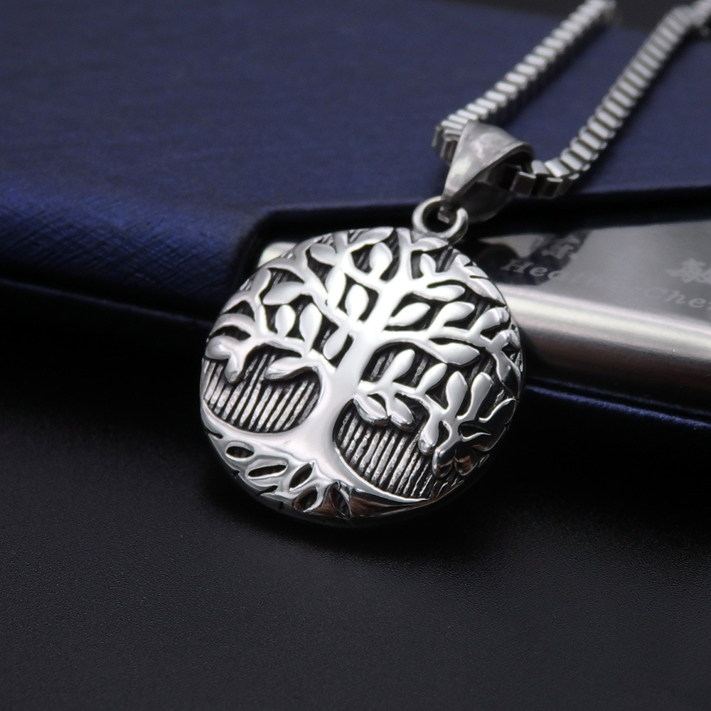不锈钢圆中树形图案吊坠日韩风项链配件批发地摊热销货源供应