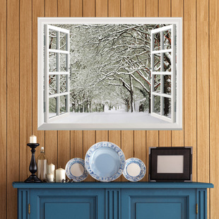 lazada新款3d立体窗户贴客厅卧室书房装饰画深圳自粘墙贴厂家批发