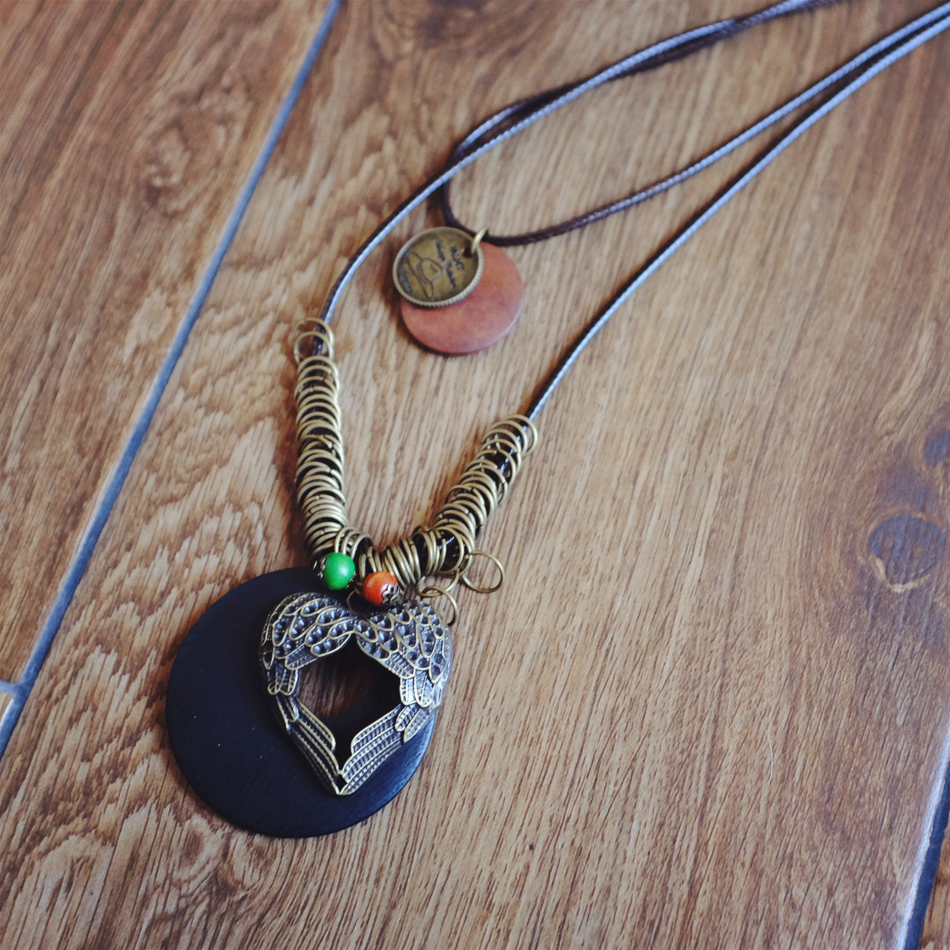 厂家批发日系韩版高档磨砂几何挂件长款蜡绳项链桃心吊坠女毛衣链