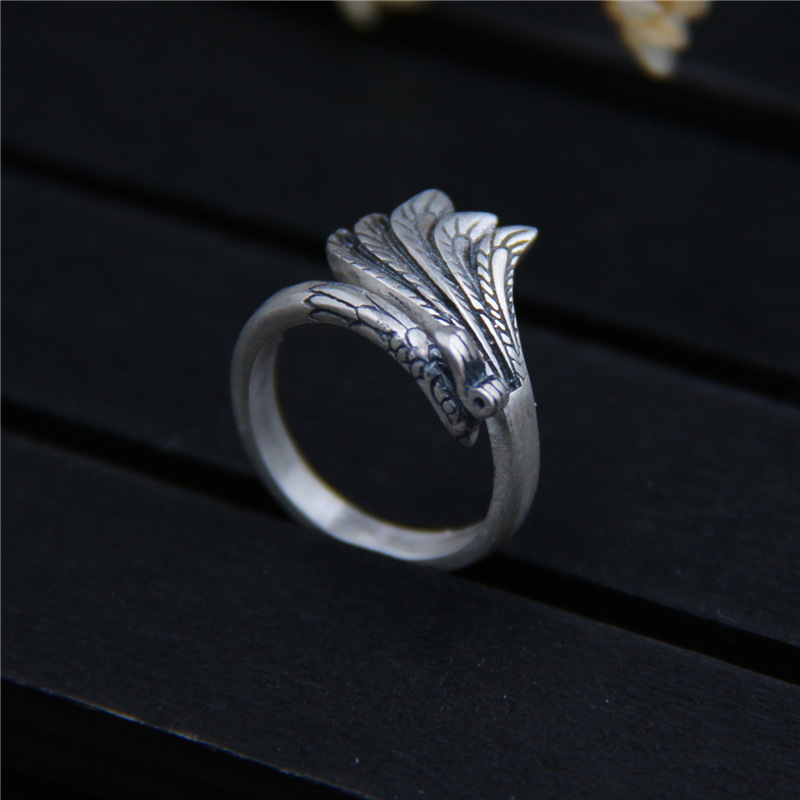 银琪银饰 s999足银精雕凤凰戒指 泰银民族风复古开口女款孔雀指环