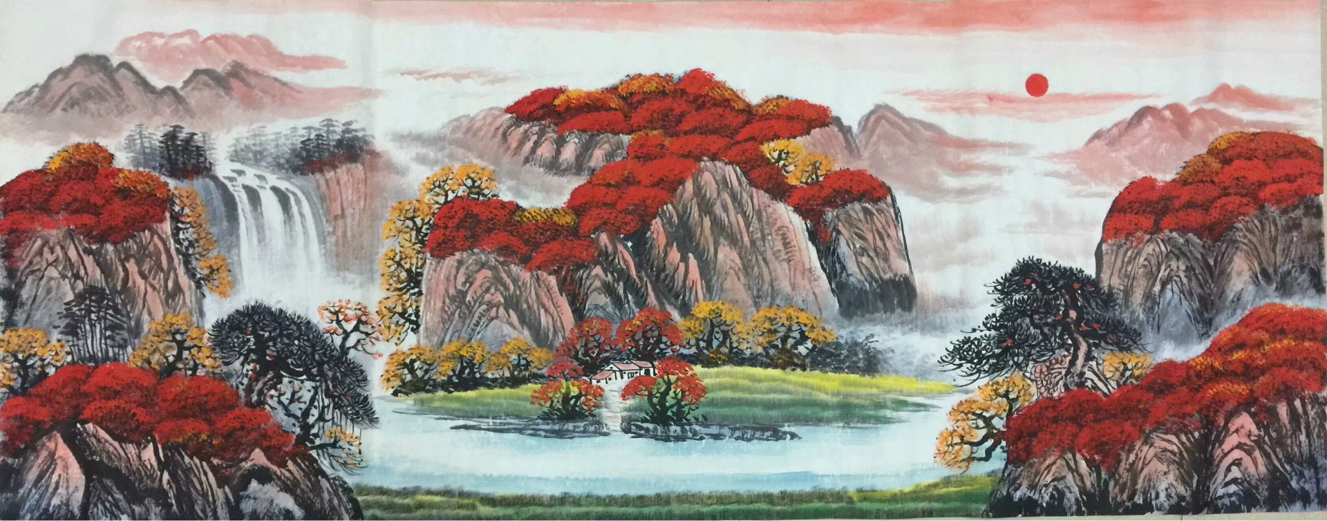 手绘山水画 旭日东升 鸿运当头聚宝盆风水画 客厅办公室装饰画