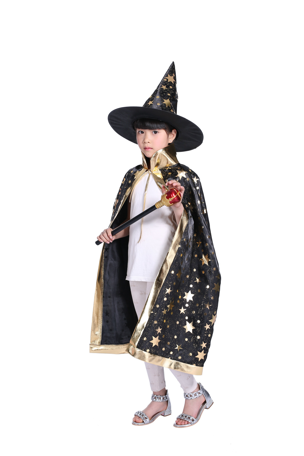 万圣节五星披风儿童派对表演服装魔法师巫婆斗篷帽化妆舞会用品
