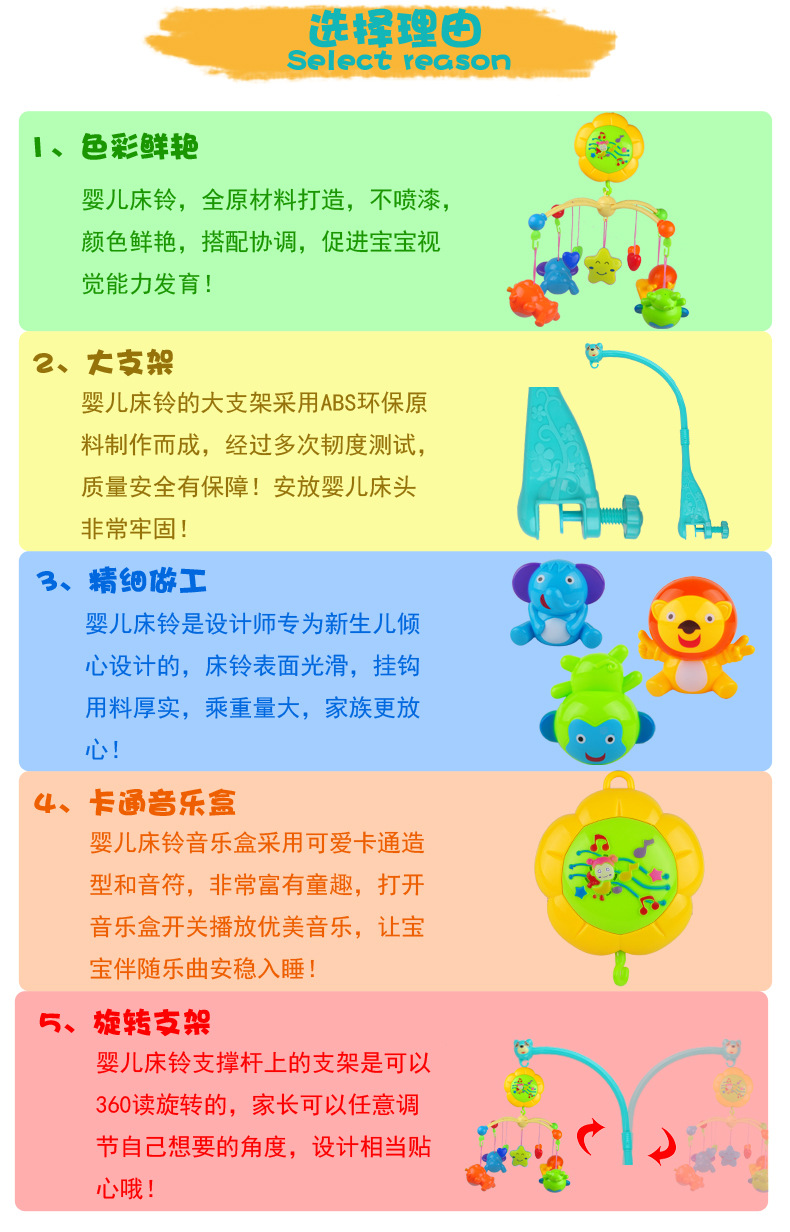 批发新生婴儿玩具0-1岁摇铃 带68首音乐催眠曲小蜜蜂旋转床头铃