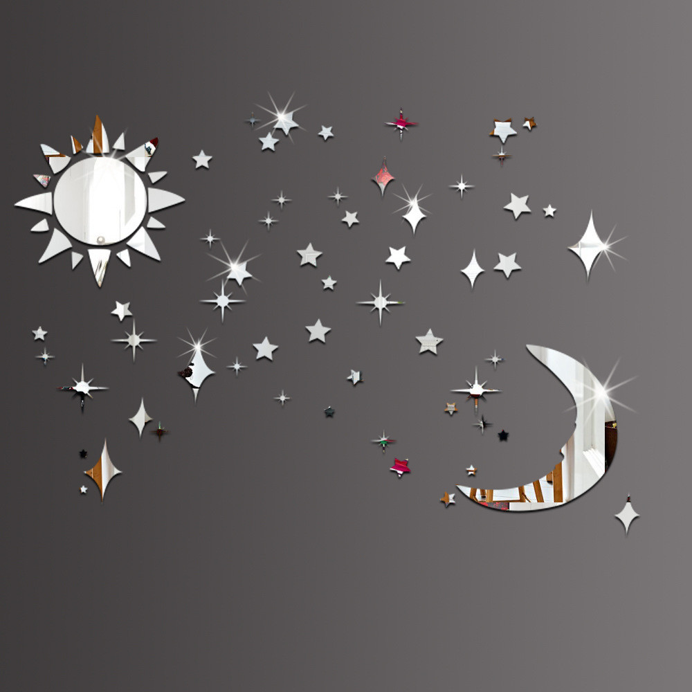 创意款 3d立体太阳月亮星星镜面墙贴 时尚客厅电视背景墙装饰墙贴