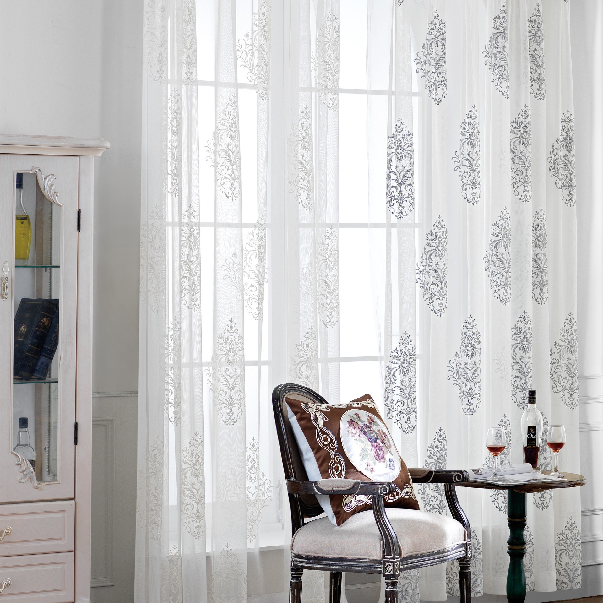 定宽买高窗帘布绣花窗纱欧式美式客厅高窗别墅无限高窗纱成品窗帘