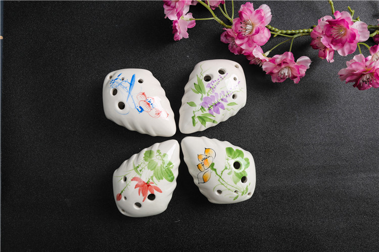 6孔中音c调陶笛批发树叶造型 手绘图案 旅游景点造型陶笛