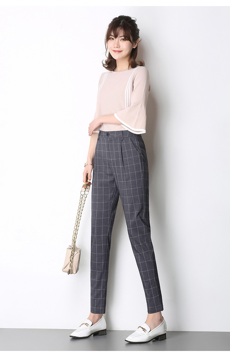 黑灰色格子女裤春秋网格休闲裤 女长裤 高腰小脚铅笔裤子女8027长