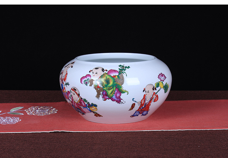 纯手工创意陶瓷鱼盆 水浅鱼虾盆童子闹春 家居桌面鱼缸水培植物缸