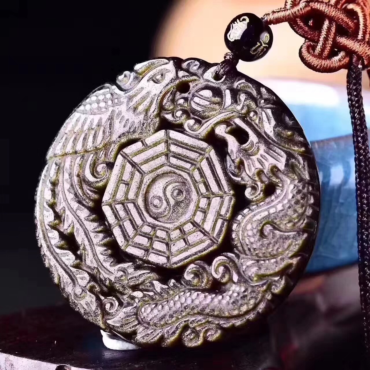 天然黑曜石龙凤八卦吊坠 男女款金曜石雕刻龙凤八卦挂坠批发