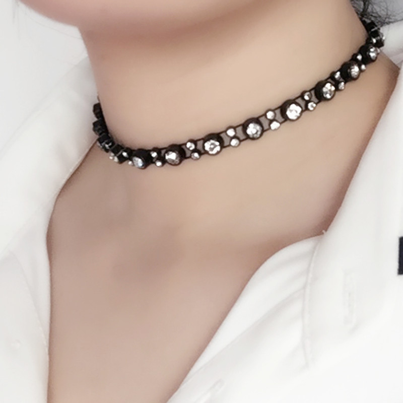 欧美日韩 夜店排镶钻满钻闪光黑色纹身贴颈项圈choker锁骨项链