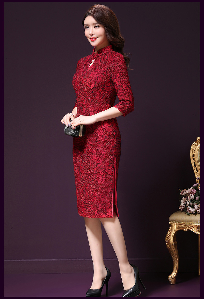 旗袍2018秋冬新款长袖蕾丝妈妈婚宴礼服复古长款加厚高端现货厂家