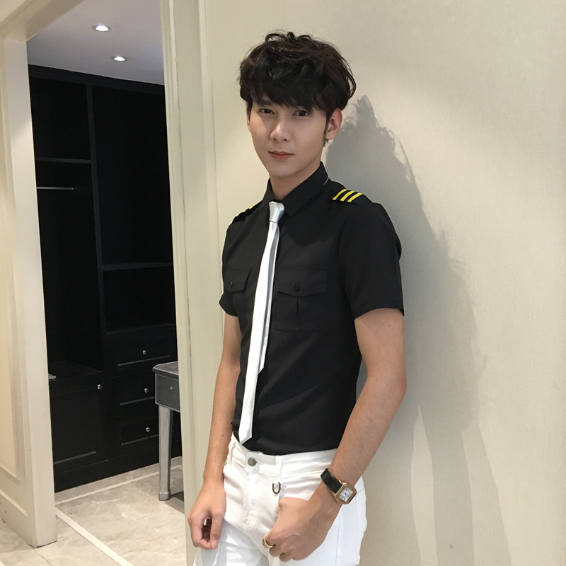 空少制服发型师型男夜店短袖衬衫男 ktv酒吧少爷dj演出衬衣工作服