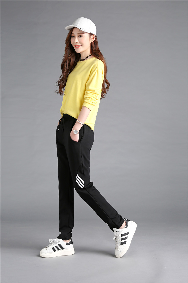 d-605深色显瘦休闲裤运动裤直筒跑步裤子女 三道杠大码松紧腰长裤