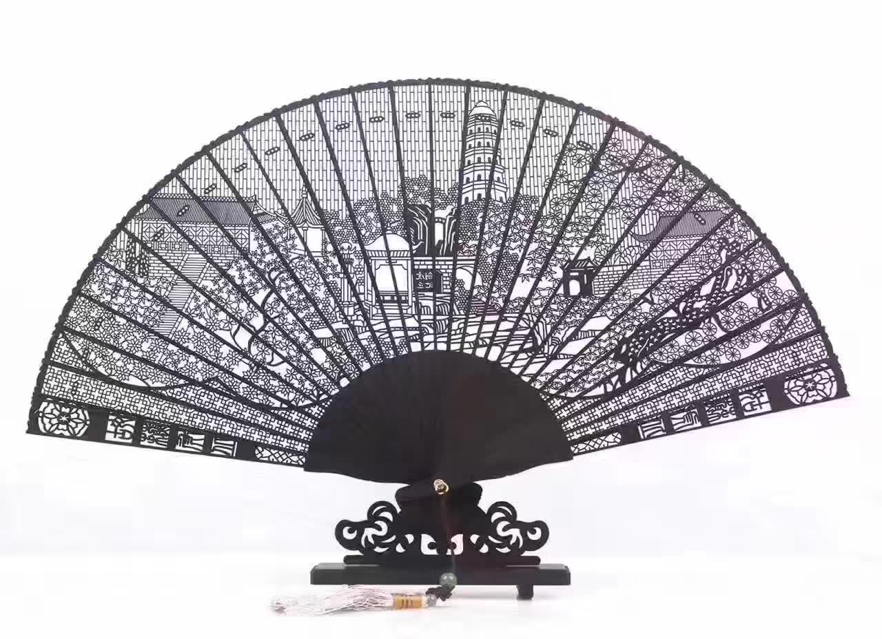 湘妃扇庄苏州特产中国风紫光檀檀香雕花折扇子古典手工艺礼品