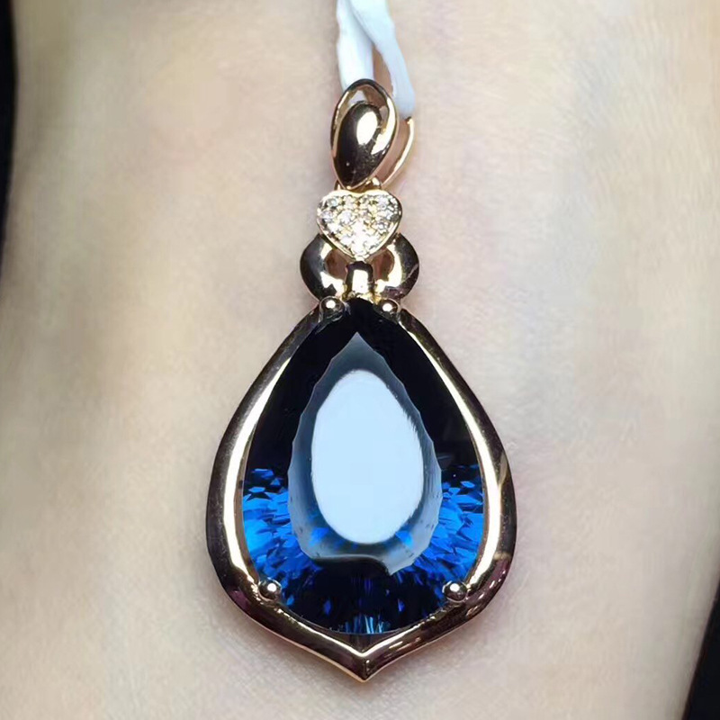 一件代发 水滴形天然蓝托帕石吊坠 18k金镶嵌伦敦蓝托帕石项链女