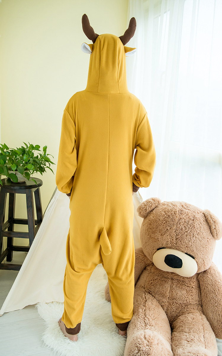 摇粒绒棕色桔色圣诞鹿卡通连体睡衣动物情侣演出服卡通连体家居服