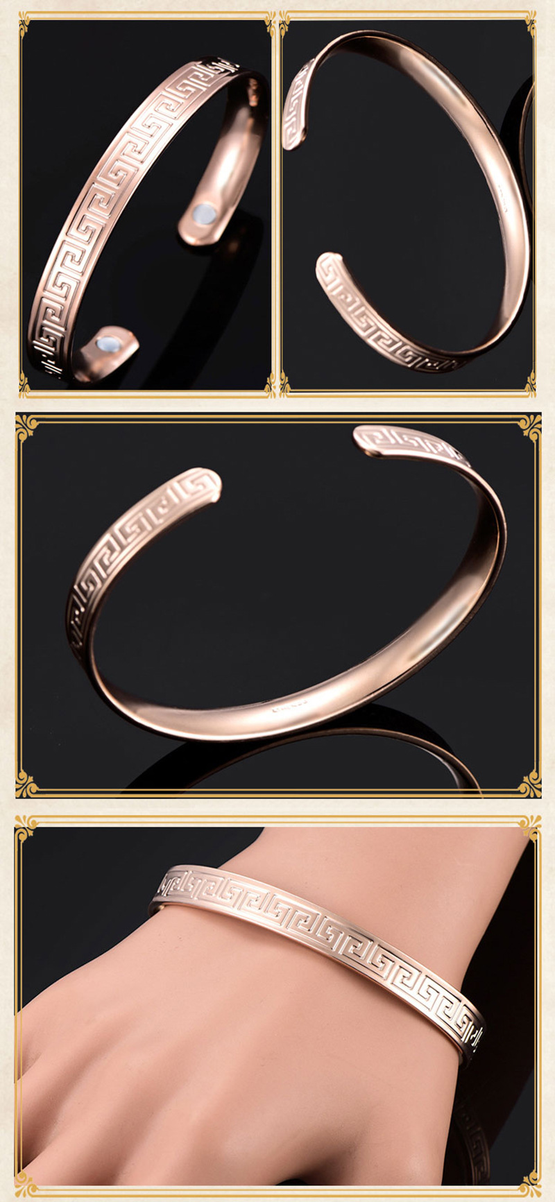 欧美亚马逊内弧开口手环万字纹玫瑰金保健手镯人体工学铜首饰女
