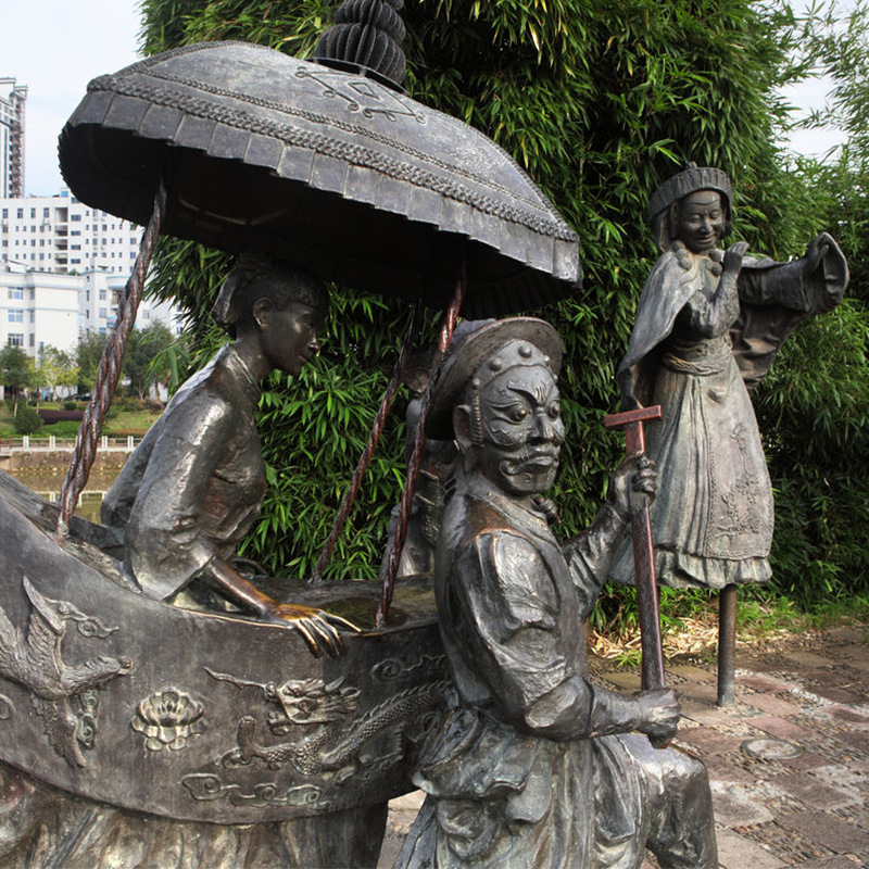 玻璃钢仿铜古代人物坐轿过桥划船踩高跷雕塑户外园林景观小品摆件